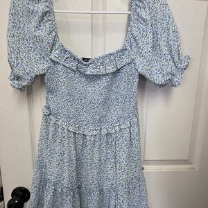 Floral Blue and White Dress with Puff Sleeves